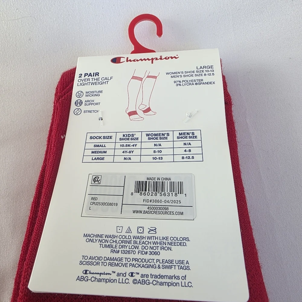 Champion Bold Red Athletic Over The Calf Socks NWT Size Large